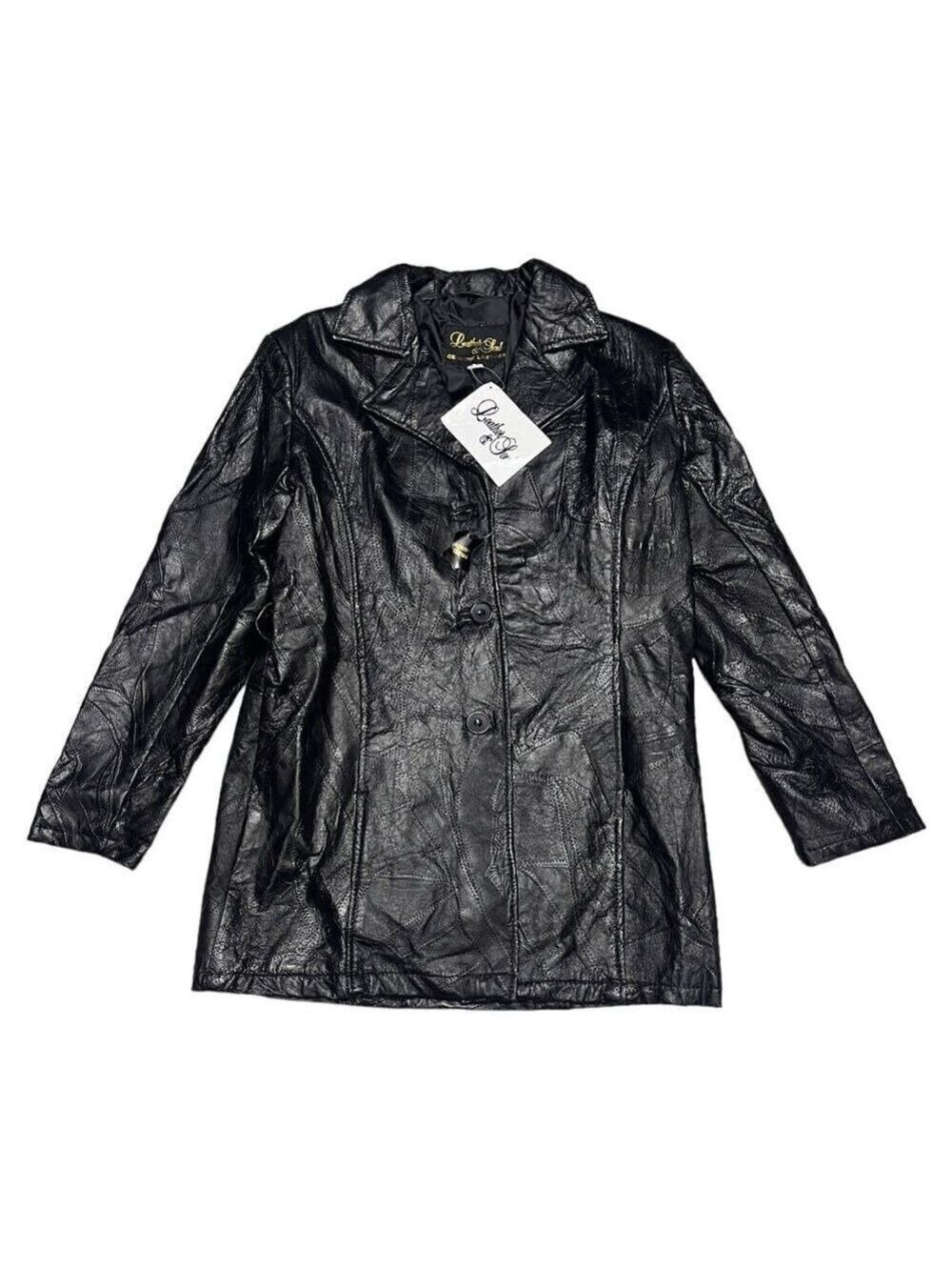 Vintage Retro GENUINE LEATHER Luxury Designer Cross Stitch Jacket Coat Womens L